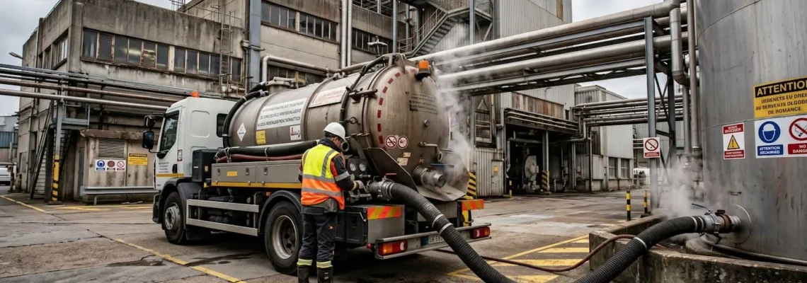 Camion de pompage industriel raccordé à une cuve métallique sur site de production normand, opérateur en tenue de sécurité surveillant l'intervention active