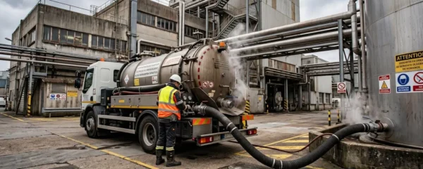 Camion de pompage industriel raccordé à une cuve métallique sur site de production normand, opérateur en tenue de sécurité surveillant l'intervention active