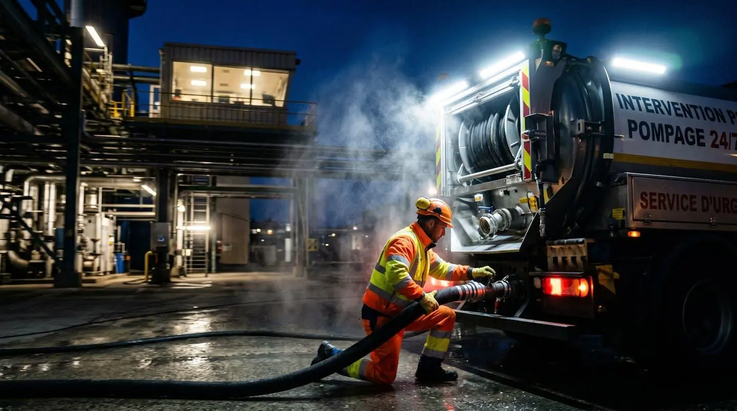 Intervention nocturne d'urgence avec camion de pompage industriel éclairé par projecteurs LED, opérateur en tenue de sécurité en action sur site de production