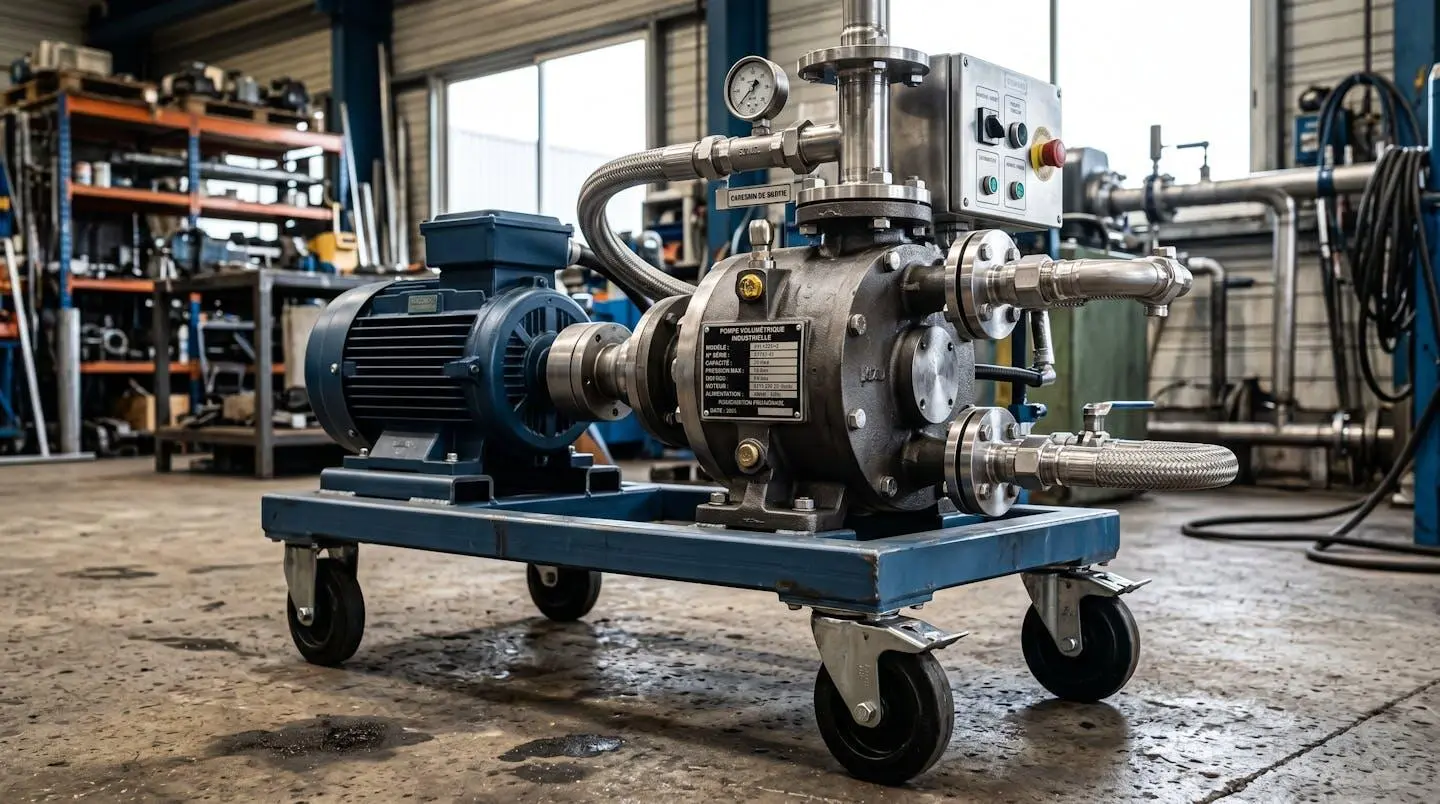 Pompe volumétrique industrielle montée sur châssis mobile dans atelier technique, détails mécaniques et raccordements visibles