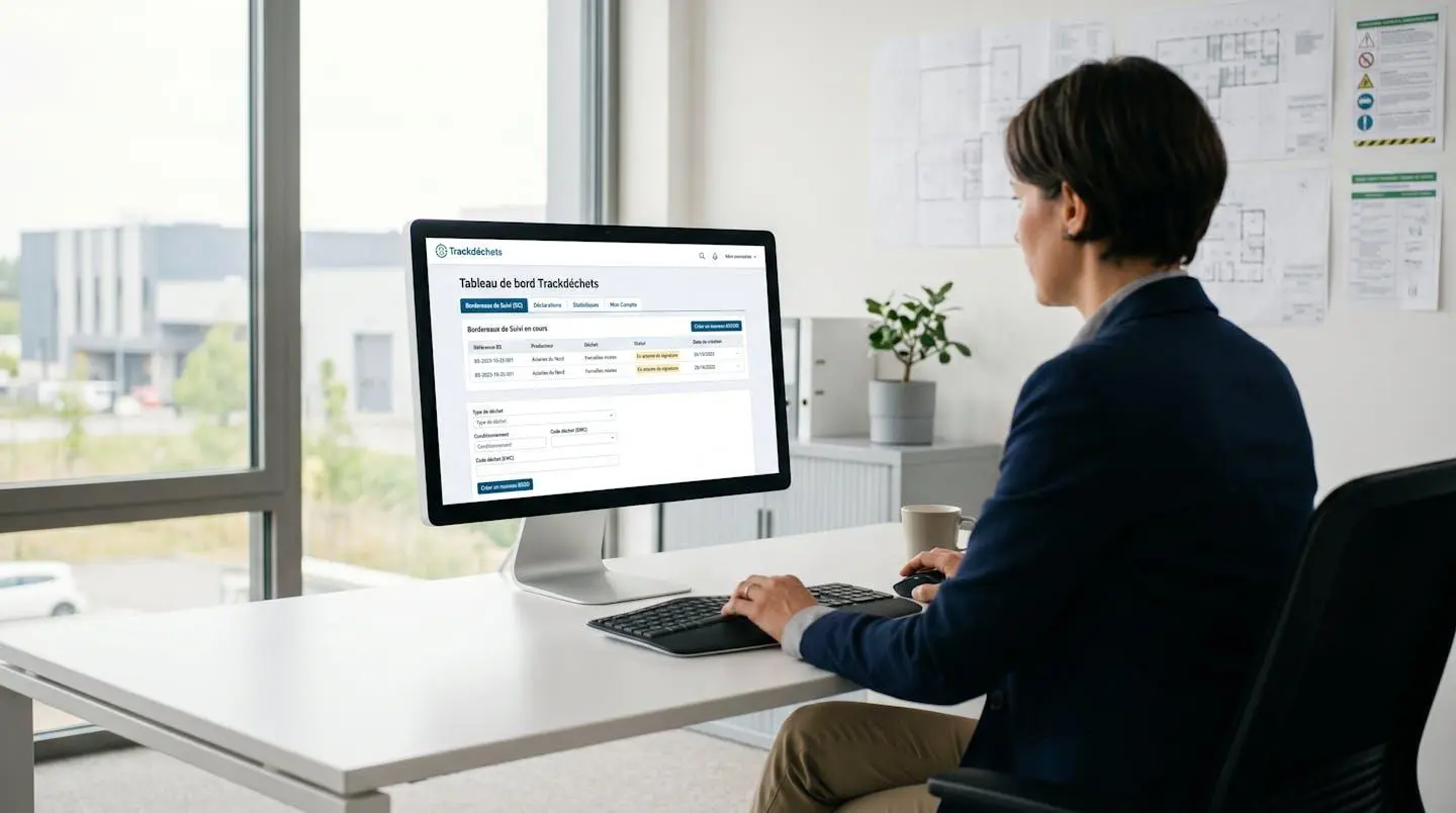 Responsable HSE consultant l'interface Trackdéchets sur ordinateur dans bureau industriel, tableau de bord de traçabilité des déchets dangereux affiché à l'écran